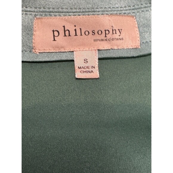 Philosophy Open Trench Coat Size Small Faux Leather Suede Jacket Turquoise Chic - Picture 9 of 11